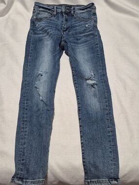 Risen High Rise Distressed Vintage Washed Blue Denim Skinny Jeans Women Size 27